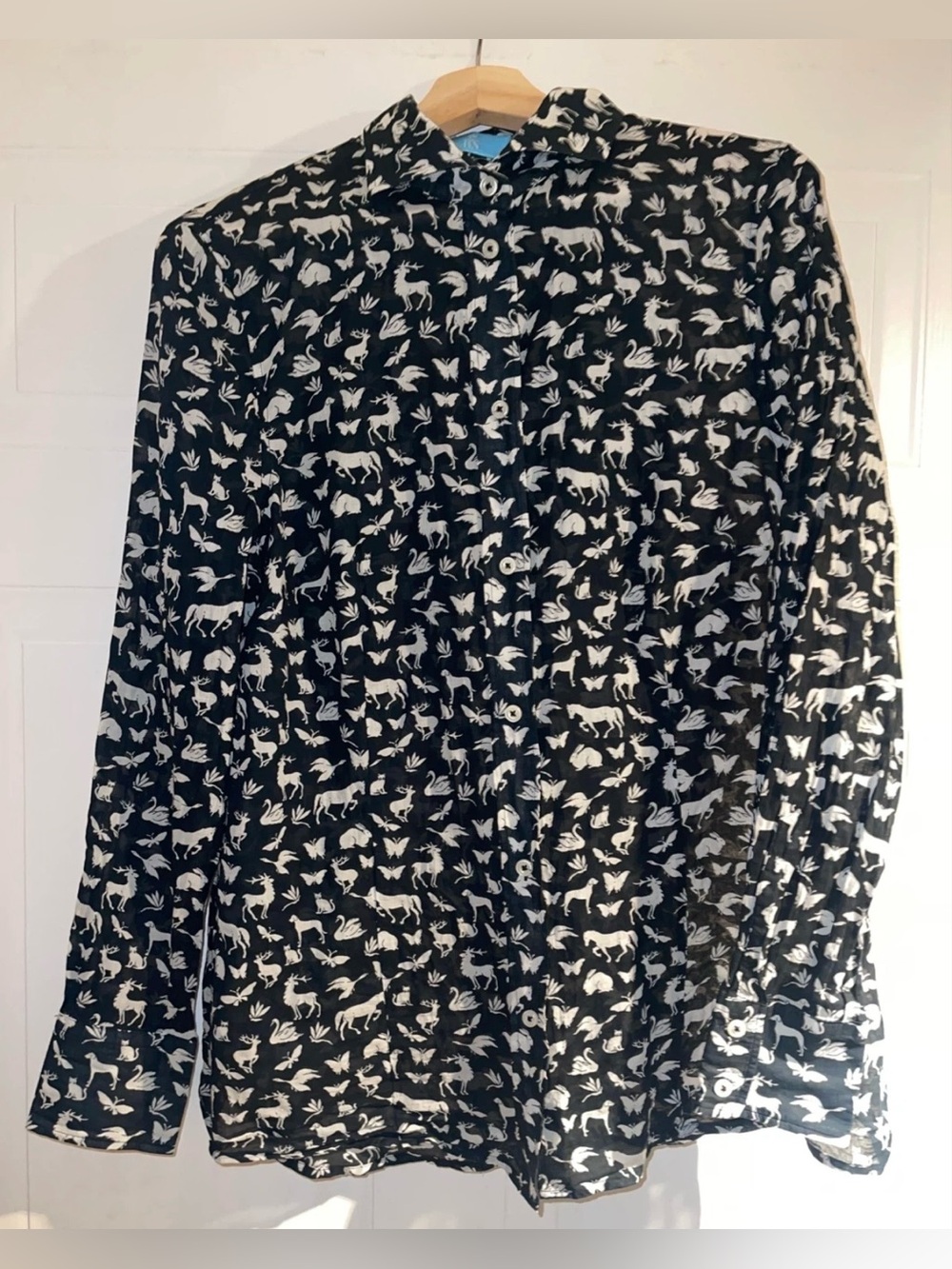 B.S Frankonia Black Sheer Cotton Button-Up Shirt Blouse with White Animal Print